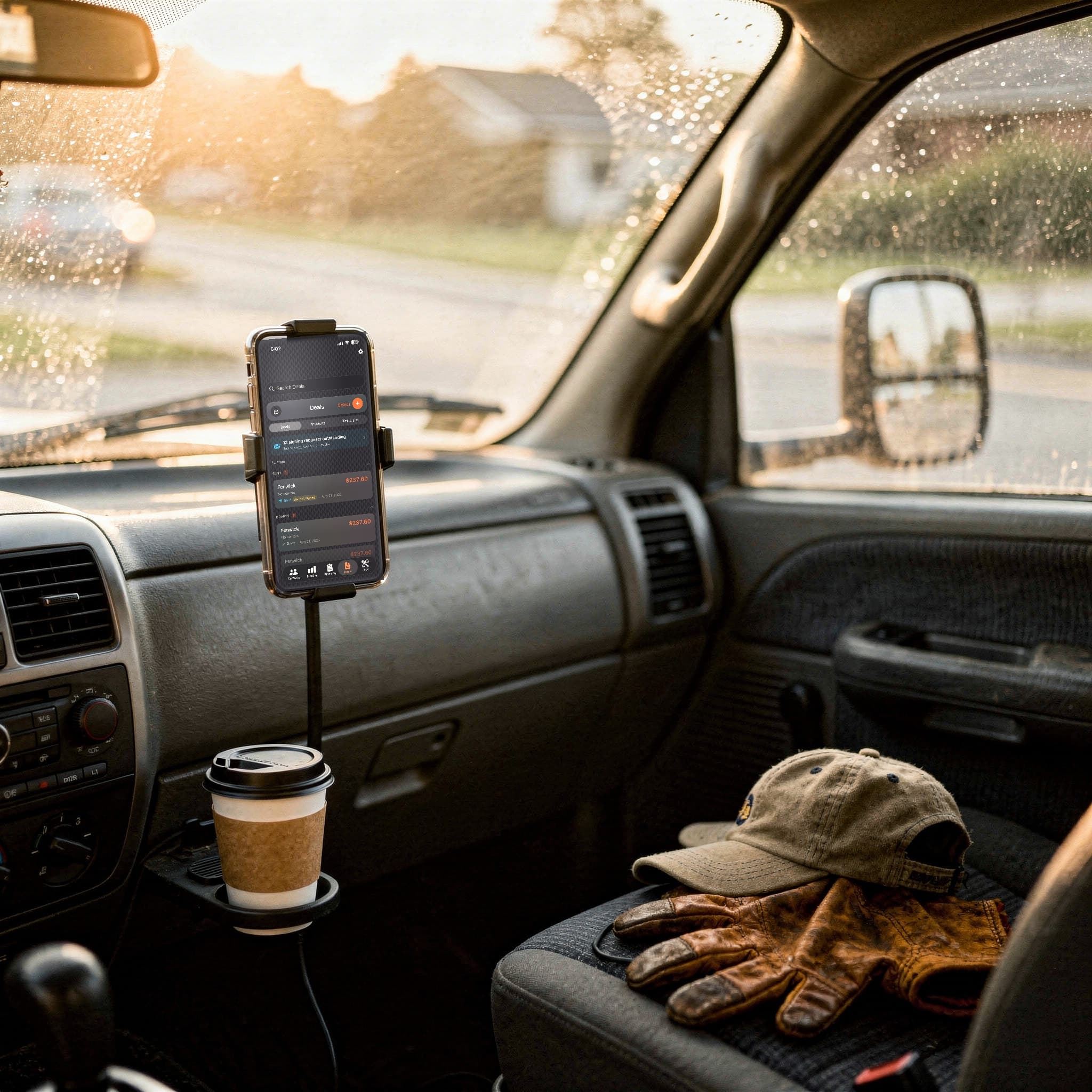 Anvil open on a phone mounted to the dashboard of a work truck, parked on a suburban street at first light.