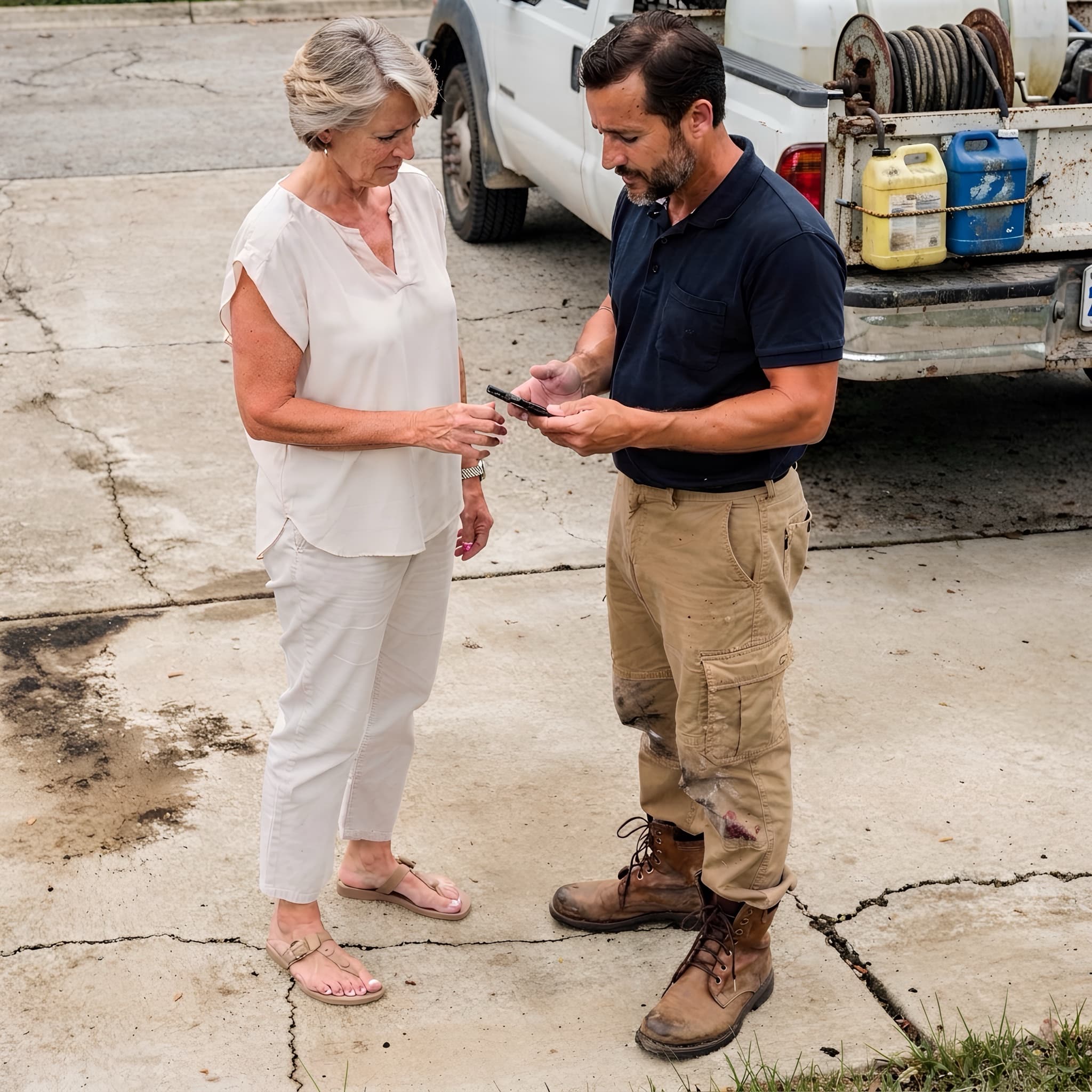 A contractor and a homeowner standing on a dirty, uncleaned driveway looking at a quote on his phone.