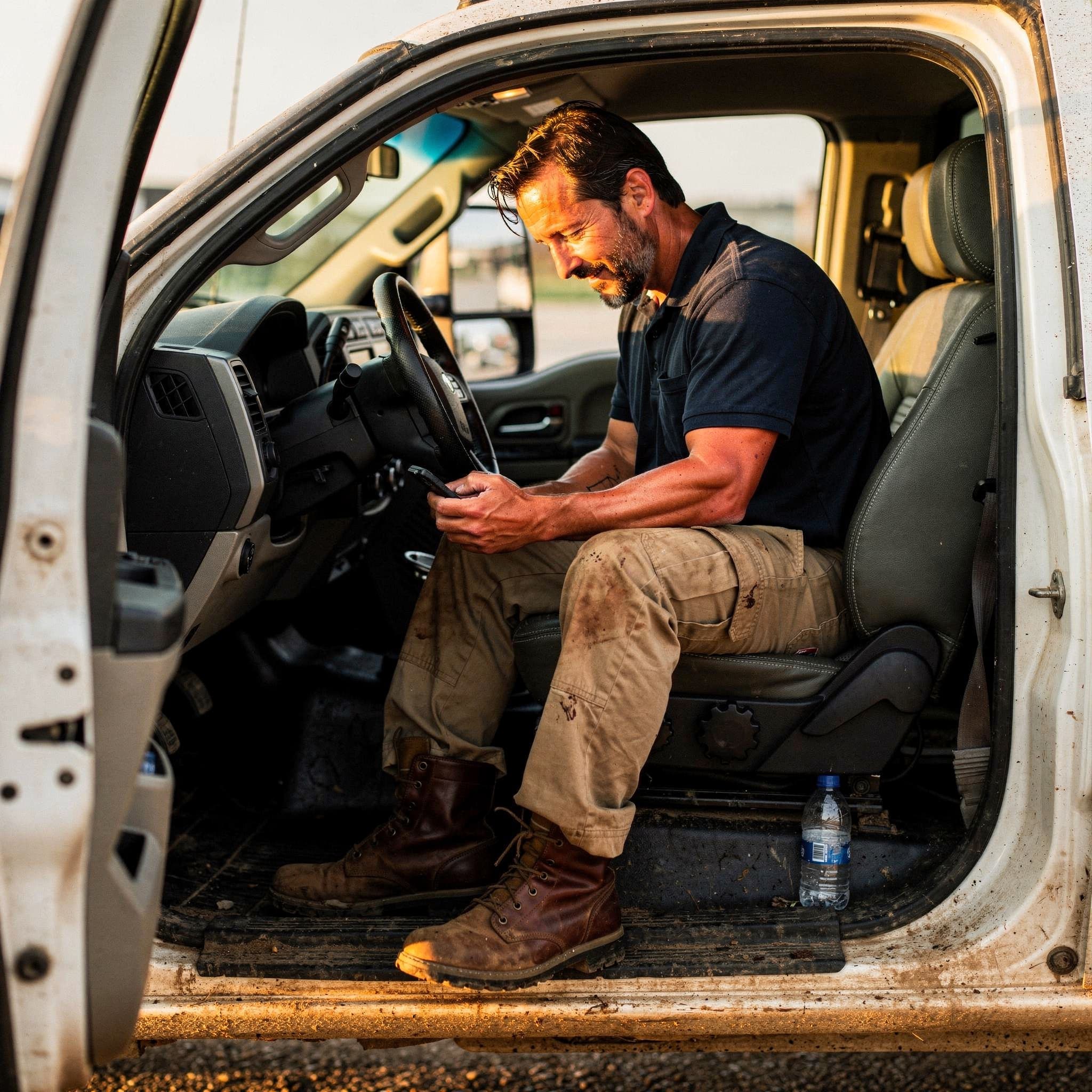 A contractor sitting sideways in the open driver's door of his work truck at the end of the day, sending an invoice from his phone.