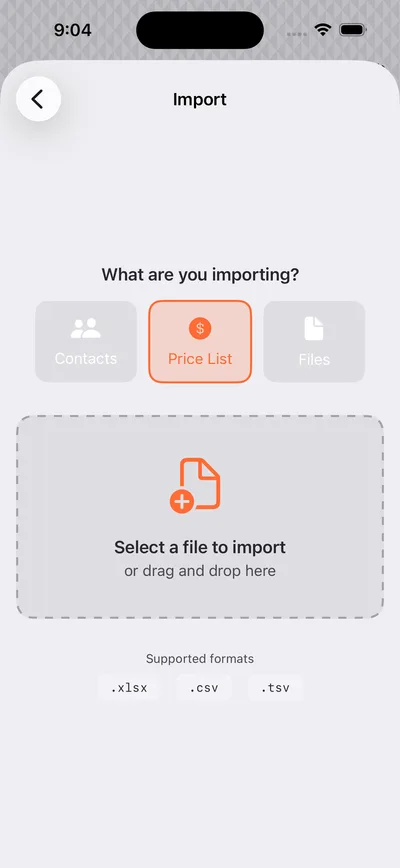 The Anvil import screen on iPhone, with Price List selected and a spreadsheet drop zone.