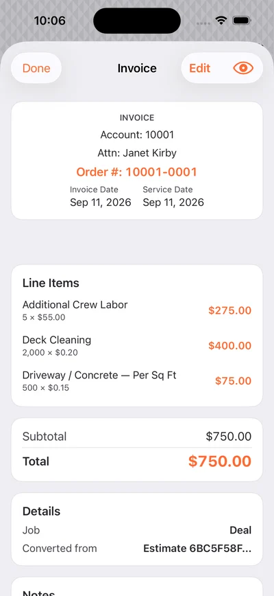 The Anvil invoice screen on iPhone, showing line items, total and amount paid.
