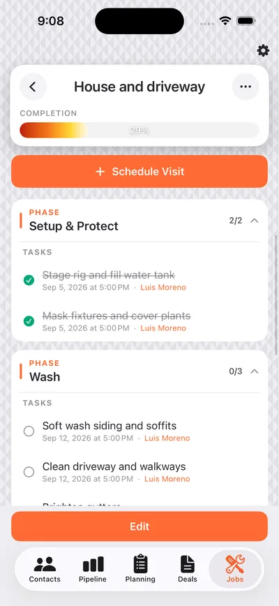 An Anvil job on iPhone, showing completion, a Schedule Visit button, and phases with crew-assigned tasks.