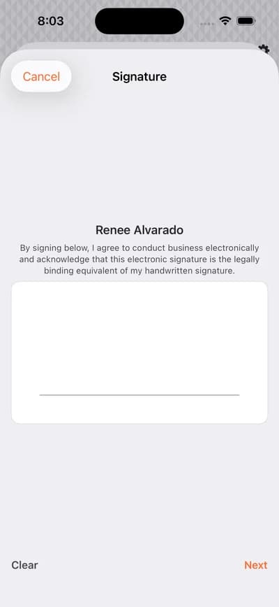 The Anvil signature screen on iPhone, a customer's signature drawn above the legal acknowledgement.